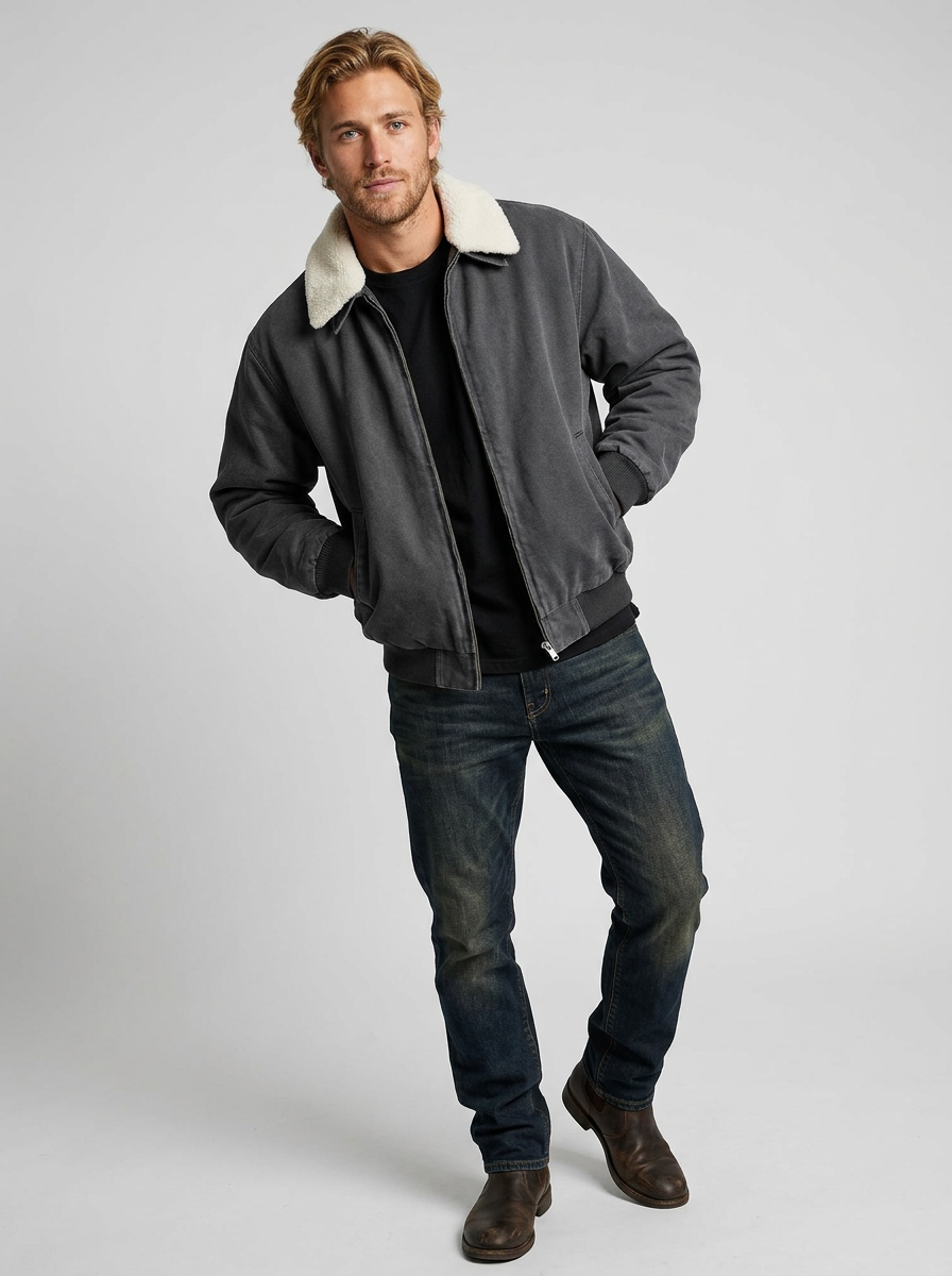 Men's Bomber Jacket Zip-Up Shearling Collar | Winter