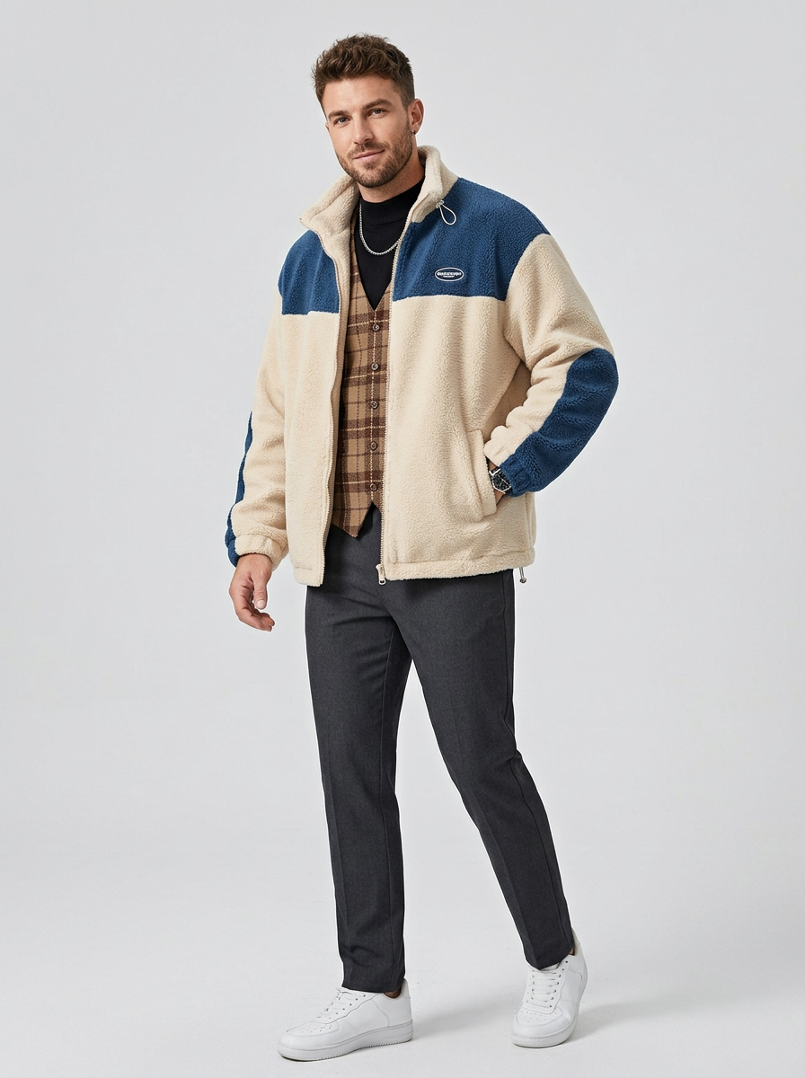 Men's Jacket Zip-Up Plush Colour Block | Winter