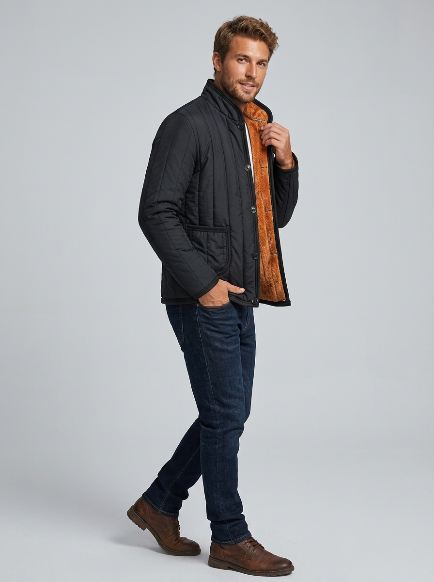 Men's Puffer Jacket Stand Collar Quilted | Fleece Lined