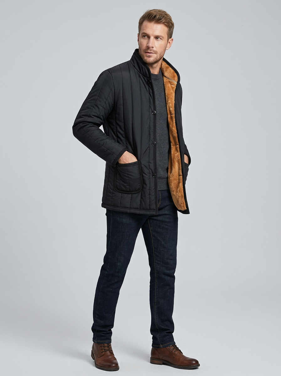 Men's Puffer Jacket Stand Collar Quilted | Fleece Lined