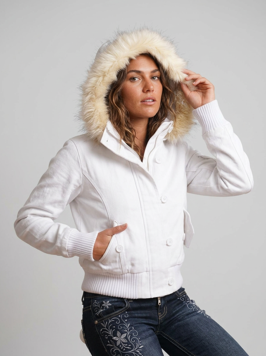Women's Winter Jacket Hooded Fluffy Trim | Cropped
