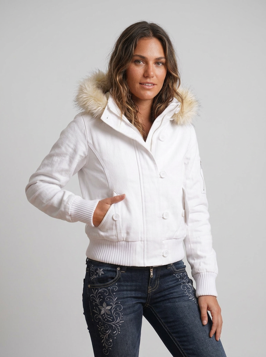 Women's Winter Jacket Hooded Fluffy Trim | Cropped
